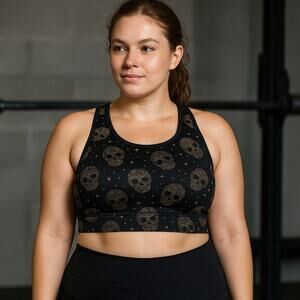 Torrid Active Plus Size Sports Bra 3 (US 22/24) Skull Print Racerback Black/Gold